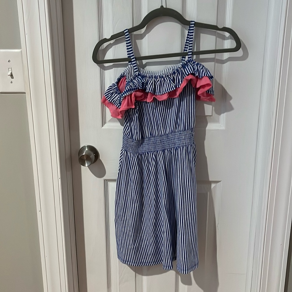 Striped blue and white dress with pink ruffles at the top in great condition